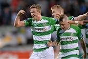 8 August 2014; Shamrock Rovers' Ronan Finn, left, celebrates after scoring his side's first goal with team-mates Conor Kenna and Gary McCabe. SSE Airtricity League Premier Division, Shamrock Rovers v Derry City, Tallaght Stadium, Tallaght, Co. Dublin. Picture credit: David Maher / SPORTSFILE