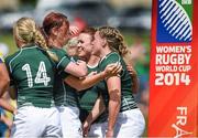 9 August 2014; Sharon Lynch, Ireland, right, celebrates with team-mates after scoring their side's first try. 2014 Women's Rugby World Cup Final, Pool B, Ireland v Kazakhstan, Marcoussis, Paris, France. Picture credit: Diarmuid Greene / SPORTSFILE