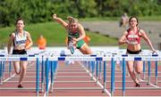 9 August 2014; Molly Scott, Ireland, centre, on her way to winning the Under 16 Girl's 80m event, ahead of Georgia Summers, Scotland, left, and Mia Evans, Wales. 2014 Celtic Games, Morton Stadium, Santry, Co. Dublin. Picture credit: Cody Glenn / SPORTSFILE