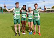 9 August 2014; Ireland's Mixed Under 16 4x100 relay team from left, Daniel Ryan, Gina Akpe-Moses, Molly Scott and Luke Morris who set a new national record by of 45.42 seconds. 2014 Celtic Games, Morton Stadium, Santry, Co. Dublin. Picture credit: Cody Glenn / SPORTSFILE