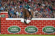 9 August 2014; Gerard Clarke, Ireland, competing on Zanzibar V, fails to clear the wall at 6 feet during the Land Rover Puissance. Fáilte Ireland Dublin Horse Show 2014, RDS, Ballsbridge, Dublin. Picture credit: Barry Cregg / SPORTSFILE