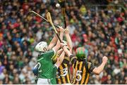 10 August 2014; Kilkenny's Eoin Larkin, right, scores his side's second goal of the game despite the efforts of Limerick's Tom Condon. GAA Hurling All-Ireland Senior Championship, Semi-Final, Kilkenny v Limerick, Croke Park, Dublin. Picture credit: Ramsey Cardy / SPORTSFILE