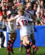 21 October 2006; Andrew Trimble celebrates with team-mates David Humphreys, left, Tommy Bowe and Paul Steinmetz after scoring the first try for Ulster. Heineken Cup 2006-2007, Pool 5, Round 1, Ulster v Toulouse, Ravenhill Park, Belfast. Picture credit: Oliver McVeigh / SPORTSFILE