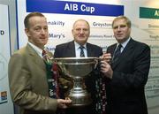 26 October 2006; David Millar, Dungannon Rugby Club, with Maurice Crowley, left, General Manager of AIB, and Peter Boyle, right, President of the IRFU, at a press conference to announce the results of the AIB Cup and AIB Junior Cup draws. The AIB Cup and AIB Junior Cup are the leading All-Ireland club knockout competitions in Irish Rugby. They consist of representatives from each of the four provinces – Connacht, Leinster, Munster and Ulster. Guinness East Stand, Lansdowne Road, Dublin. Picture credit: Matt Browne / SPORTSFILE