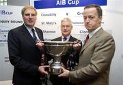 26 October 2006; Declan O'Sullivan, Terenure College, with Peter Boyle, left, President of the IRFU, and Maurice Crowley, right, General Manager of AIB. at a press conference to announce the results of the AIB Cup and AIB Junior Cup draws. The AIB Cup and AIB Junior Cup are the leading All-Ireland club knockout competitions in Irish Rugby. They consist of representatives from each of the four provinces – Connacht, Leinster, Munster and Ulster. Guinness East Stand, Lansdowne Road, Dublin. Picture credit: Matt Browne / SPORTSFILE
