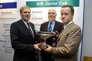 26 October 2006; Brian Reid, Coleraine Rugby Club, with Peter Boyle, left, President of the IRFU, and Maurice Crowley, right, General Manager of AIB. at a press conference to announce the results of the AIB Cup and AIB Junior Cup draws. The AIB Cup and AIB Junior Cup are the leading All-Ireland club knockout competitions in Irish Rugby. They consist of representatives from each of the four provinces – Connacht, Leinster, Munster and Ulster. Guinness East Stand, Lansdowne Road, Dublin. Picture credit: Matt Browne / SPORTSFILE
