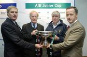 26 October 2006; From left, Peter Boyle, President of the IRFU, Donhnall Mac Carthaigh, President Cobh Rugby Club, with Seamus Briscoe, Boyne Rugby Club, and Maurice Crowley, General Manager of AIB, at a press conference to announce the results of the AIB Cup and AIB Junior Cup draws. The AIB Cup and AIB Junior Cup are the leading All-Ireland club knockout competitions in Irish Rugby. They consist of representatives from each of the four provinces – Connacht, Leinster, Munster and Ulster. Guinness East Stand, Lansdowne Road, Dublin. Picture credit: Matt Browne / SPORTSFILE