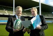 2 November 2006; In attendance at a press conference to announce the Irish Sports Council funding to the Irish Rugby Football Union and to launch the Irish Rugby Football Union's Long Term Player Development Programme, are, John O'Donighue, TD, Minister for Arts, Sport and Tourism, and Peter Boyle, right, President, Irish Rugby Football Union. Old Lansdowne Pavillion, Lansdowne Road, Dublin. Picture credit: Brendan Moran / SPORTSFILE