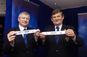 4 November 2006; Secretary of the Munster Council Simon Moroney and Chairman of the Munster Council Sean Fogarty holding the names of Clare and Cork who have been drawn together in the Guinness Hurling Championship draw at Croke Park, Dublin. Picture credit: Damien Eagers / SPORTSFILE