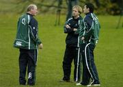 7 November 2006; David Wallace in conversation with Dr. Jim McShane, left, and athletic trainer Brian Green, centre, during Ireland rugby squad training. St. Gerard's School, Bray, Co. Wicklow. Picture credit: Brendan Moran / SPORTSFILE