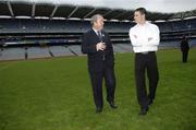 7 November 2006; President of the GAA Nickey Brennan in conversation with Dublin footballer Stephen Cluxton, who teaches at St. Vincent's CBS in Glasnevin, at the launch of the All-Ireland Post Primary Schools Council. The Council sees the amalgamation of the Colleges and Vocational Schhol sectors for administrative purposes. Croke Park, Dublin. Picture credit: Brian Lawless / SPORTSFILE