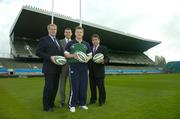 8 November 2006; The Irish Rugby Football Union and Leinster Rugby are happy to announce that terms have been agreed with Brian O’Driscoll that will see the Ireland and Leinster Captain remain playing his rugby in Ireland until 2011. The agreement comes following the recent contract extension announced last year which would have seen him remain with Leinster up to the conclusion of the Rugby World Cup in 2007. The agreement with O’Driscoll is part of the ongoing contractual negotiations by the IRFU with Irish international and provincial players. Pictured with Brian are, from left, Peter Boyle, President, IRFU, Philip Browne, Chief Executive, IRFU and Mick Dawson, Chief Executive, Leinster Rugby. Lansdowne Road, Dublin. Picture credit: Brendan Moran / SPORTSFILE