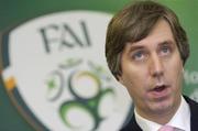 8 November 2006; The Minister for Arts, Sport and Tourism, Mr John O'Donoghue T.D., today announced an allocation of 3 million euro from the Irish Sports Council to the FAI for 2006. Speaking at the announcement is Chief Executive of the FAI John Delaney. The FAI also announced the appointment of four Development. Recreational Area, Pearse Street, Dublin. Picture credit: Brian Lawless / SPORTSFILE