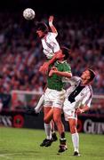 1 September 1999; Niall Quinn of Ireland in action against Dejan Govedarice, left, and Miroslav Dukic of Yugoslavic during the UEFA European Championships Qualifier match between Republic of Ireland and Yugoslavia at Lansdowne Road in Dublin. Photo by David Maher/Sportsfile