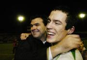 10 November 2006; Tadhg Purcell, Shamrock Rovers, celebrates at the end of the game with manager Pat Scully. Eircom League, Division 1, Shamrock Rovers v Finn Harps, Tolka Park, Dublin. Picture credit: David Maher / SPORTSFILE