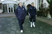 12 November 2006; Republic of Ireland manager Steve Staunton and Shay Given leave their team hotel for a walk. Portmarnock Hotel and golf links, Dublin. Picture credit: David Maher / SPORTSFILE