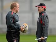 21 August 2014; Ulster head coach Les Kiss, right, and Callum Black during squad training ahead of their pre-season game against Exeter Chiefs on Friday. Ulster Rugby Squad Training, Kingspan Stadium, Ravenhill Park, Belfast, Co. Antrim. Picture credit: Oliver McVeigh / SPORTSFILE