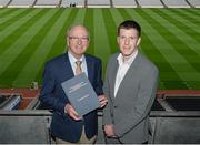 22 August 2014; Dr. Paddy Crowley, GP and founder of Mycro Sports, left, with Kilkenny hurler Michael Rice in attendance at Dr. Paddy Crowley Thesis Presentation on his 25 year research and development programme on ‘The Prevention of Hurling and Camogie Related Head Injuries'. Croke Park, Dublin. Picture credit: Piaras O Midheach / SPORTSFILE