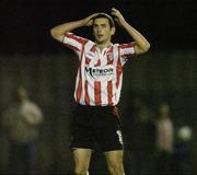 13 November 2006; Mark Farren, Derry City, after his penalty miss against Waterford United. eircom League Premier Division, Waterford United v Derry City, RSC, Waterford. Picture credit: Matt Browne / SPORTSFILE