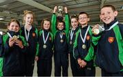 24 August 2014; Under12 mixed Skittles gold medal winners from Hacketstown, Co.Carlow, representing Leinster are from left to right, Amy Roche, Sarah Byrne, Aibha Kieran, Niall Byrne, Leah Browne, Eoin Connolly and James Whelan. HSE Community Games August Festival 2014, Athlone Institute of Technology, Athlone, Co. Westmeath.  Picture credit: David Maher / SPORTSFILE