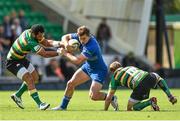 23 August 2014; Brendan Macken, Leinster, is tackled by Kahn Fotuali'i, left, and Will Hooley, Northampton Saints. Pre-Season Friendly, Northampton Saints v Leinster, Franklins Gardens, Northampton, England. Picture credit: Ramsey Cardy / SPORTSFILE