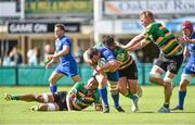 23 August 2014; Bryan Byrne, Leinster, is tackled by Alex Corbisiero, Northampton Saints. Pre-Season Friendly, Northampton Saints v Leinster, Franklins Gardens, Northampton, England. Picture credit: Ramsey Cardy / SPORTSFILE