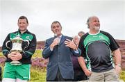 24 August 2014; Humphrey Kelleher, Chairman of the National Poc Fada Committee, centre, with winner Brendan Cummins, left, and Poc Fada sponsor Martin Donnelly. M. Donnelly All-Ireland Poc Fada Final. Annaverna Mountain, Ravensdale, Cooley, Co. Louth. Picture credit: Piaras Ó Mídheach / SPORTSFILE