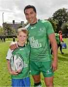 28 August 2014; Pictured in Eyre Square, Galway, is Connacht Rugby player Mils Muliaina with Connacht supporter Fabien Fleetwood, aged 10, from Clarinbridge, Co. Galway. As a 100% Irish owned and operated retailer, LifeStyle Sports today proudly announced its title sponsorship of Connacht Rugby and showcased the new LifeStyle Sports branded Connacht Rugby jersey. Eyre Square, Galway City. Picture credit: Diarmuid Greene / SPORTSFILE