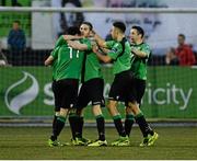 29 August 2014; Bohemians' Dinny Corcoran, left, is congratulated by team-mates Eoin Wearen, Roberto Lopes and Jack Memery, after scoring his side's second goal. SSE Airtricity League Premier Division, Dundalk v Bohemians, Oriel Park, Dundalk, Co. Louth. Picture credit: Oliver McVeigh / SPORTSFILE