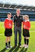 31 August 2014; Referees Niamh McAloon, and Oisin O'Loughlin, both from St. Columban's Primary School, Belcoo, Fermanagh with a representative from Cummann na mBunscol. INTO/RESPECT Exhibition GoGames. Croke Park, Dublin. Picture credit: Ramsey Cardy / SPORTSFILE