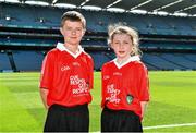 31 August 2014; Referees Oisin O'Loughlin and Niamh McAloon, both from St. Columban's Primary School, Belcoo, Fermanagh. INTO/RESPECT Exhibition GoGames. Croke Park, Dublin. Picture credit: Ramsey Cardy / SPORTSFILE