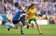 31 August 2014; Sophie Pembroke, Scoil an Chroí Ró Naofa, Kilkenny, representing Donegal, in action against Laura Dillon, St. Colman's Primary School, Saval, Down, representing Dublin, during the INTO/RESPECT Exhibition GoGames. Croke Park, Dublin. Picture credit: Stephen McCarthy / SPORTSFILE