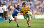 31 August 2014; Sophie Pembroke, Scoil an Chroí Ró Naofa, Kilkenny, representing Donegal, in action against Laura Dillon, St. Colman's Primary School, Saval, Down, representing Dublin, during the INTO/RESPECT Exhibition GoGames. Croke Park, Dublin. Picture credit: Stephen McCarthy / SPORTSFILE
