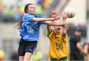 31 August 2014; Megan Morrissey, Arles N.S, Laois, representing Dublin, in action against Eimile Culleton, Scoil Mhuire, Latton, Monaghan, representing Donegal, during the INTO/RESPECT Exhibition GoGames. Croke Park, Dublin. Picture credit: Stephen McCarthy / SPORTSFILE