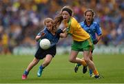 31 August 2014; Tori Doyle, St. Vincents GNS, Dublin, representing Dublin, in action against Sophie Pembroke, Scoil an Chroí Ró Naofa, Kilkenny, representing Donegal, during the INTO/RESPECT Exhibition GoGames. Croke Park, Dublin. Picture credit: Stephen McCarthy / SPORTSFILE