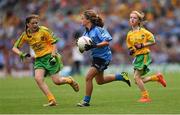 31 August 2014; Donna Hannafin, St. Matthews N.S, Longford, representing Dublin, in action against Hannah-Kate Murphy, Killean Primary School, Down, representing Donegal, during the INTO/RESPECT Exhibition GoGames. Croke Park, Dublin. Picture credit: Stephen McCarthy / SPORTSFILE
