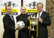 7 December 2006; John O'Donoghue, T.D, Minister for Arts, Sport and Tourism, holds the Setanta Cup trophy alongside, Niall Cogley, left, of Setanta Sports, and Paul Doolin, Droghreda United manager, at the draw for the 2007 Setanta Sports Cup. Coach House, Dublin Castle, Dublin. Picture credit: Pat Murphy / SPORTSFILE