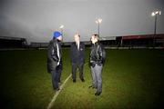 13 January 2007; Coleraine Manager Marty Quinn talks with Referee Mark Courtney and Assistant Referee Dan Steele before the match was re-scheduled for Tuesday night.Irish Cup, Round 5, Coleraine v Lisburn Distillery, The Showgrounds, Coleraine, Co. Derry. Picture credit: Russell Pritchard / SPORTSFILE