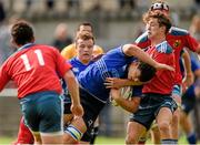 6 September 2014; Max Deegan, Leinster, is tackled by Joe White, left, and James O'Connor, Munster. Under 19 Interprovincial, Leinster v Munster. St Mary's RFC, Templeville Road, Dublin. Picture credit: Pat Murphy / SPORTSFILE
