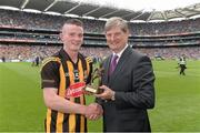 7 September 2014; Pat O'Doherty, ESB Chief Executive, presents John Walsh from Kilkenny with the Electric Ireland Man of the Match award for his outstanding performance in today's Electric Ireland GAA Hurling All Ireland Minor Championship Final. Croke Park, Dublin. Picture credit: Ray McManus / SPORTSFILE