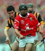 12 September 1999; Ben O'Connor of Cork in action against Philip Larkin of Kilkenny during the Guinness All-Ireland Senior Hurling Championship Final between Cork and Kilkenny at Croke Park in Dublin. Photo by Brendan Moran/Sportsfile