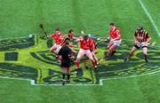 12 September 1999; Referee Pat O'Connor throws in the sliothar to start the Guinness All-Ireland Senior Hurling Championship Final between Cork and Kilkenny at Croke Park in Dublin. Photo by David Maher/Sportsfile