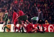 15 November 1997; Referee Gunter Benko issues a red card to David Connolly of Republic of Ireland during the FIFA World Cup Play-Off Second Leg match between Belgium and Republic of Ireland at Heysel Stadium in Brussels, Belgium. Photo by David Maher/Sportsfile