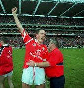 12 September 1999; Cork's John Browne celebrates with Seanie O'Laoire following the Guinness All-Ireland Senior Hurling Championship Final between Cork and Kilkenny at Croke Park in Dublin. Photo by Damien Eagers/Sportsfile