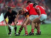12 September 1999; John Power of Kilkenny comes under pressure from Cork defenders John Browne and Brian Corcoran, 6, during the Guinness All-Ireland Senior Hurling Championship Final between Cork and Kilkenny at Croke Park in Dublin. Photo by Damien Eagers/Sportsfile
