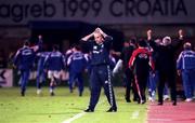 4 September 1999; Republic of Ireland manager Mick McCarthy reacts following his side's defeat in the UEFA European Championships Qualifying Group 8 match between Croatia and Republic of Ireland at Maksimir Stadium in Zagreb, Croatia. Photo by Brendan Moran/Sportsfile