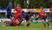 6 September 2014; Max Deegan, Leinster, is tackled by James O'Connor, 15, Sean O'Connor, centre, and John Poland, right, Munster. Under 19 Interprovincial, Leinster v Munster. St Mary's RFC, Templeville Road, Dublin. Picture credit: Pat Murphy / SPORTSFILE