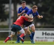 6 September 2014; Alan Hughes, Leinster, is tackled by Paul Downes, Munster. Under 19 Interprovincial, Leinster v Munster. St Mary's RFC, Templeville Road, Dublin. Picture credit: Pat Murphy / SPORTSFILE