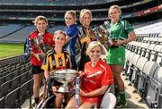 9 September 2014; All-Ireland Camogie Finalist captains, from left, Premier Junior finalist Niamh Mallon, Down, Senior finalist Leann Fennelly, Kilkenny, Premier Junior finalist Sarah Ann Fitzgerald, Laois, Intermediate finalist Mags Fennelly, Kilkenny, Senior finalist Anna Geary, Cork, and Intermediate finalist  Fiona Hickey, Limerick, during a photocall ahead of the Camogie Association Liberty Insurance All-Ireland Finals this weekend. Croke Park, Dublin. Picture credit: Matt Browne / SPORTSFILE