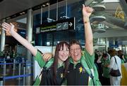 9 September 2014; Special Olympics Team Ireland today flew to Antwerp, Belgium, which will host the 2014 Special Olympics European Summer Games. The Games will see more than 2,000 Special Olympics athletes from 58 countries compete from September 9th to 20th. Team Ireland, comprising 46 athletes, will take part in seven sports at the European Games; athletics, aquatics, bocce, gymnastics, football, seven-a-side, and table tennis. Pictured at Dublin Airport before they departed today are Katie Shanley, left, a member of the Roscommon Special Olympics Club, Frenchpark, Co. Roscommon, and Karina Houlihan, a member of the Tipperary Special Olympics Club, Thurles, Co. Tipperary. Dublin Airport, Dublin. Picture credit: Ray McManus / SPORTSFILE